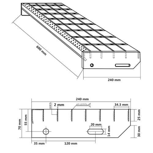 1 db horganyzott acél rácsos lépcsőfok 60 x 24 x 7 cm
