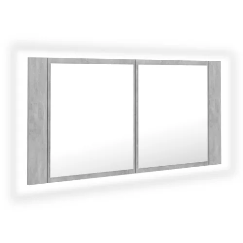  betonszürke akril LED-es tükrös fürdőszobaszekrény 90x12x45 cm