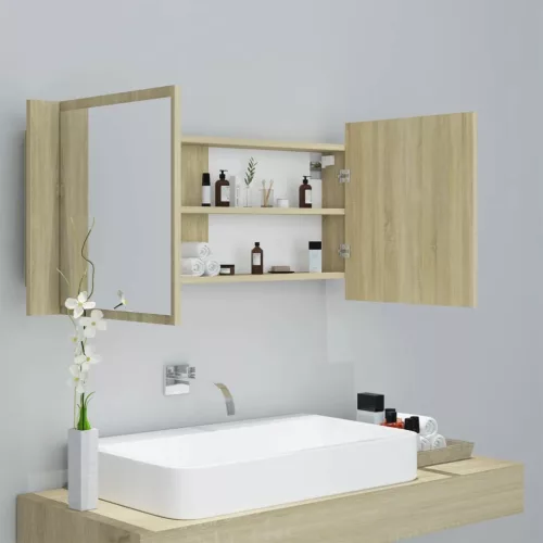  tölgyszínű akril LED-es tükrös fürdőszobaszekrény 100x12x45 cm