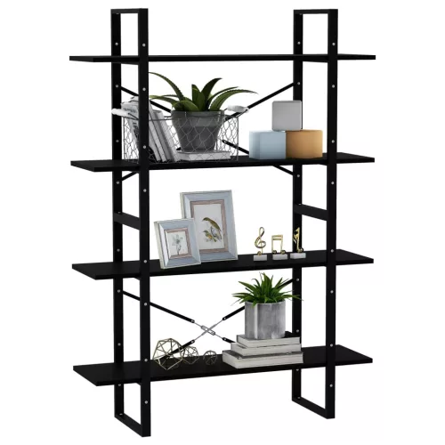  négyszintes fekete tömör fenyőfa könyvszekrény 100x30x140 cm