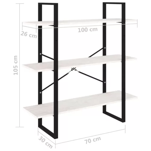  háromszintes fehér tömör fenyőfa könyvszekrény 100x30x105 cm