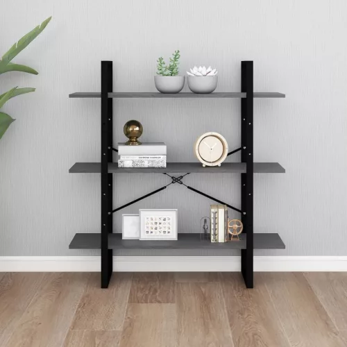  háromszintes szürke tömör fenyőfa könyvszekrény 100x30x105 cm