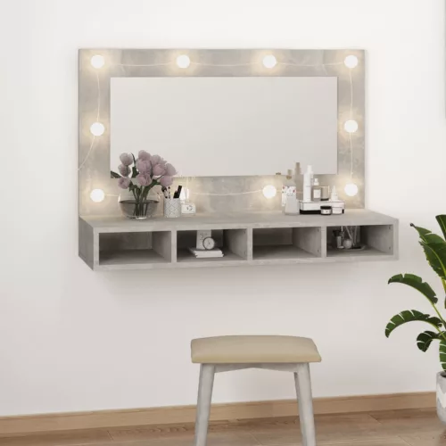  betonszürke tükrös szekrény LED-ekkel 90 x 31,5 x 62 cm