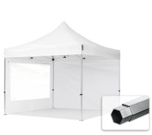   Professional összecsukható sátrak PROFESSIONAL 400g/m2 ponyvával, alumínium szerkezettel, 2 oldalfallal, panoráma ablakkal - 3x3m fehér