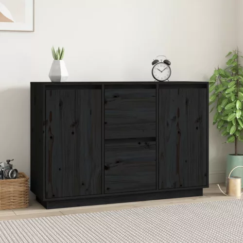  fekete tömör fenyőfa tálalószekrény 111 x 34 x 75 cm