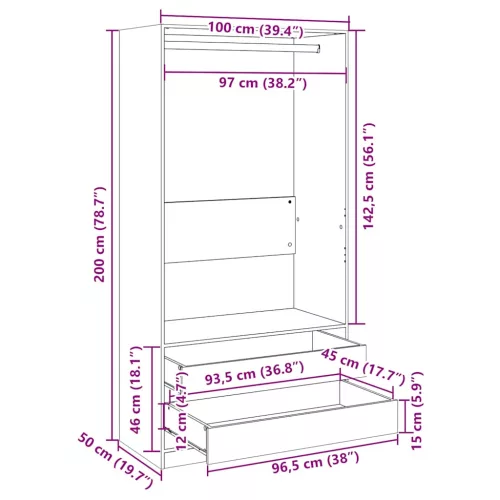  füstös tölgy színű szerelt fa ruhásszekrény 100 x 50 x 200 cm