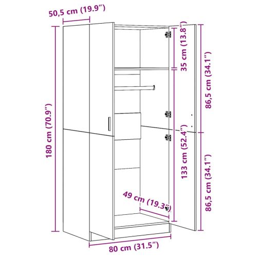  füstös tölgy színű szerelt fa ruhásszekrény 80 x 52 x 180 cm