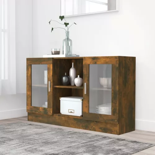  füstös tölgy színű szerelt fa vitrinszekrény 120 x 30,5 x 70 cm