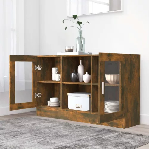  füstös tölgy színű szerelt fa vitrinszekrény 120 x 30,5 x 70 cm
