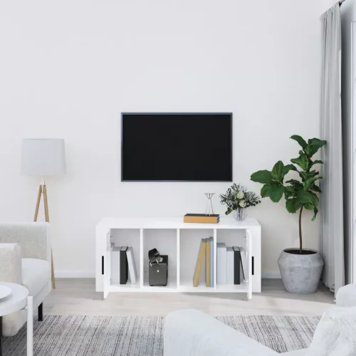  fehér magasfényű szerelt fa TV-szekrény 100x35x40 cm