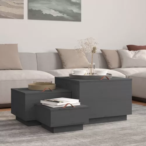  3 db szürke tömör fenyőfa tárolódoboz fedéllel