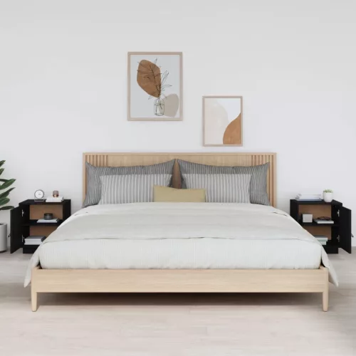  2 db fekete tömör fenyőfa éjjeliszekrény 40 x 34 x 45 cm