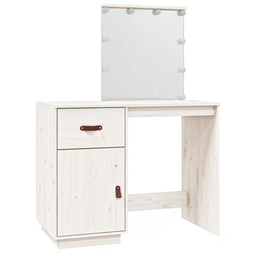  fehér tömör fenyőfa fésülködőasztal LED-del 95 x 50 x 133,5 cm