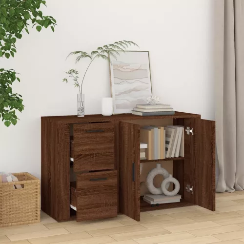  barna tölgyszínű szerelt fa tálalószekrény 100x33x59,5 cm