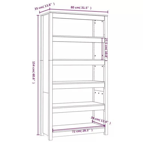  fekete tömör fenyőfa könyvszekrény 80x35x154 cm