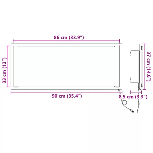  Fürdőszobai Tükör LED Fénnyel Szürke Sonoma 90x8,5x37 cm