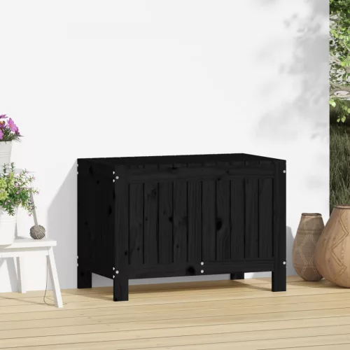  fekete tömör fenyőfa kerti tárolóláda 76 x 42,5 x 54 cm