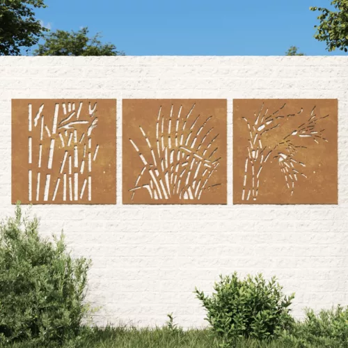  3 db fűmintás corten acél kerti faldísz 55 x 55 cm