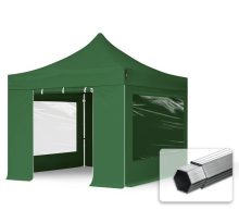   Professional összecsukható sátrak PROFESSIONAL 400g/m2 ponyvával, alumínium szerkezettel, 4 oldalfallal, panoráma ablakkal -  3x3m zöld
