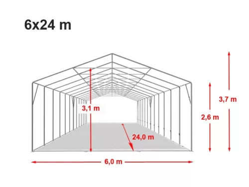 TP Professional 6x24m 2,6m oldalmagas raktársátor nehezen éghető PVC 1400 ponyvával, fehér