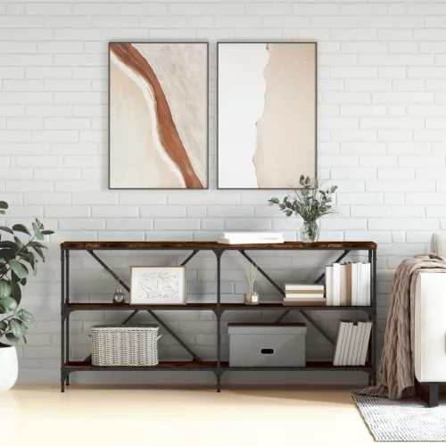  füstös tölgy színű szerelt fa és vas tálalóasztal 160x30x75 cm