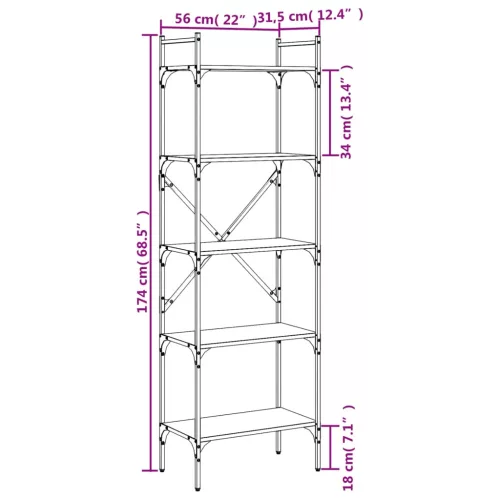  5 szintes fekete szerelt fa könyvespolc 56 x 31,5 x 174 cm