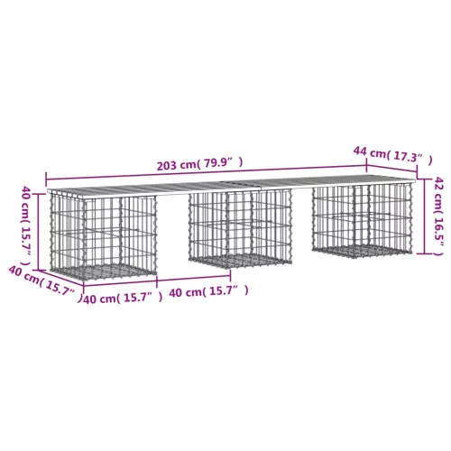  tömör fenyőfa gabion kerti pad 203x44x42 cm