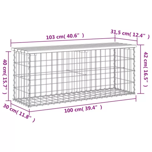  tömör fenyőfa gabion kerti pad 103x31,5x42 cm
