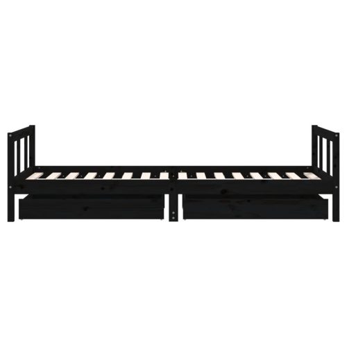  fekete tömör fenyőfa gyerekágykeret fiókokkal 90 x 200 cm