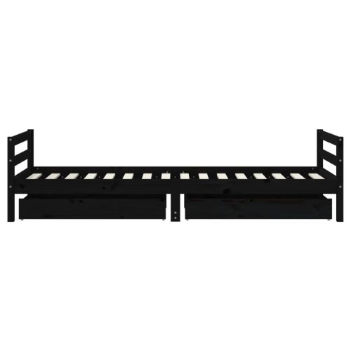  fekete tömör fenyőfa gyerekágykeret fiókokkal 80 x 200 cm