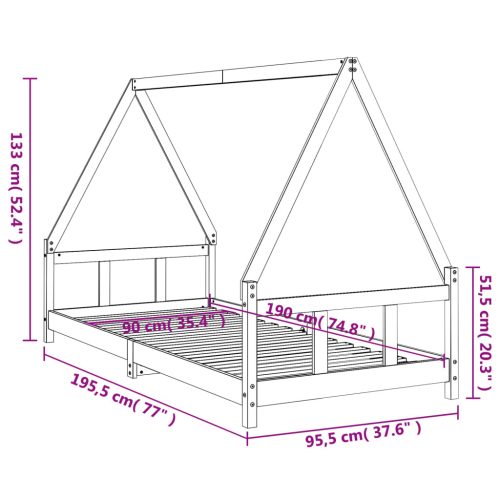  fekete tömör fenyőfa gyerekágykeret 90 x 190 cm