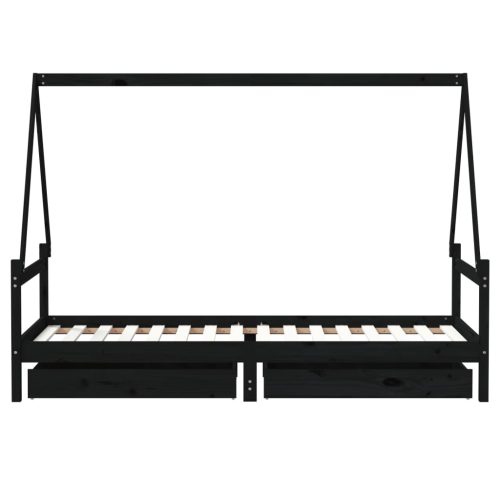  fekete tömör fenyőfa gyerekágykeret fiókokkal 80 x 200 cm