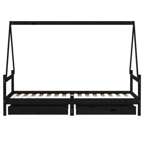  fekete tömör fenyőfa gyerekágykeret fiókokkal 90 x 200 cm