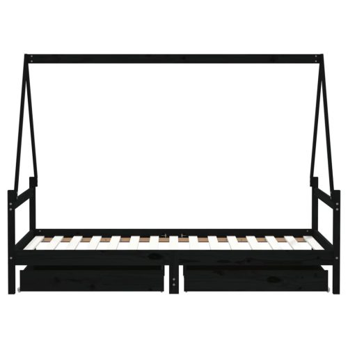  fekete tömör fenyőfa gyerekágy keret fiókkal 90x190 cm