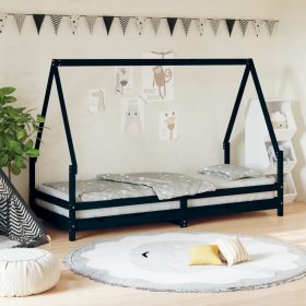  fekete tömör fenyőfa gyerekágykeret 90 x 200 cm