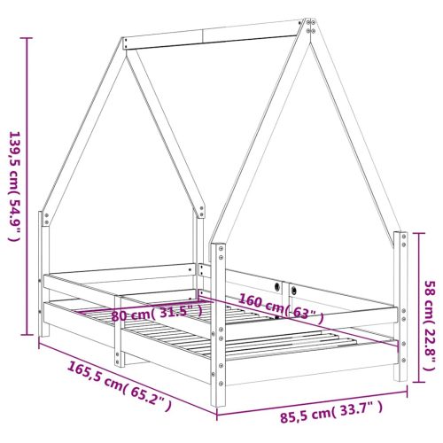  fekete tömör fenyőfa gyerekágykeret 80 x 160 cm