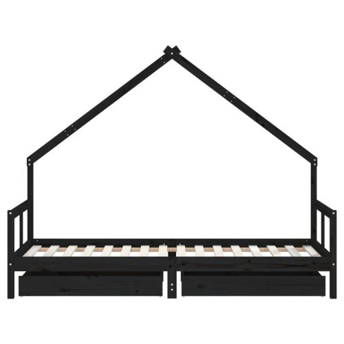  fekete tömör fenyőfa gyerekágykeret fiókokkal 80 x 200 cm