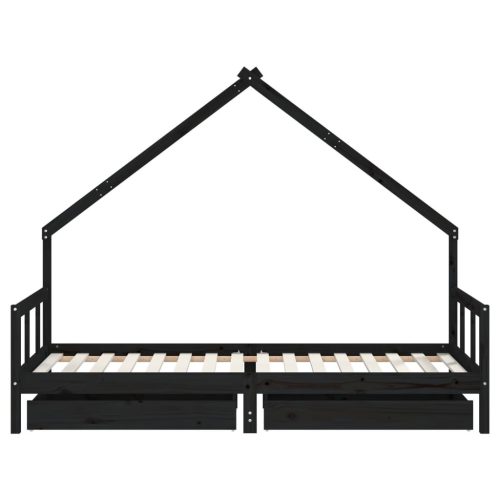  fekete tömör fenyőfa gyerekágykeret fiókokkal 90 x 200 cm