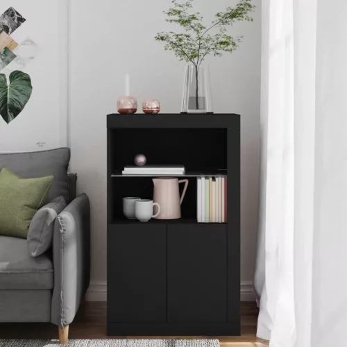  fekete szerelt fa tálalószekrény LED-világítással