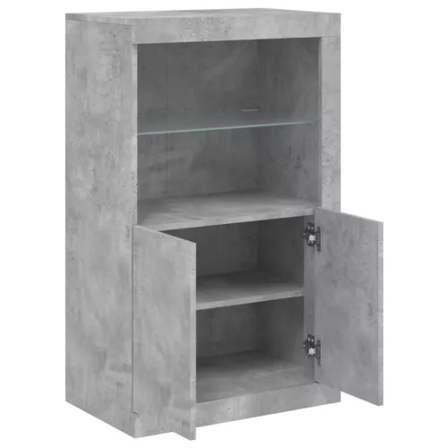  betonszürke szerelt fa tálalószekrény LED-világítással