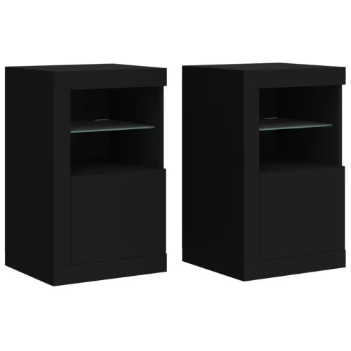  2 db fekete szerelt fa kisszekrény LED-fényekkel