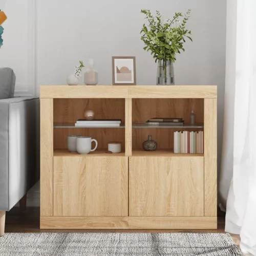  2 db sonoma tölgy színű szerelt fa műszekrény LED-fényekkel