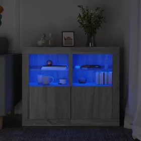    2 db szürke sonoma színű szerelt fa kisszekrény LED-ekkel