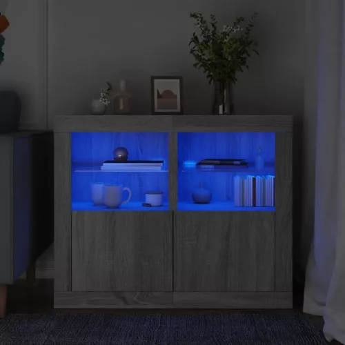  2 db szürke sonoma színű szerelt fa kisszekrény LED-ekkel