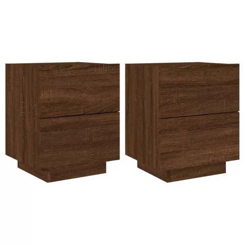  2 db barna tölgyszínű szerelt fa éjjeliszekrény LED-fényekkel