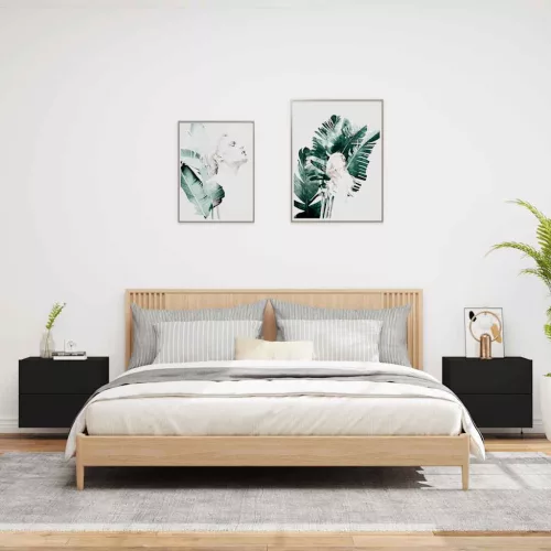  2 db fekete falra szerelhető éjjeliszekrény LED-világítással