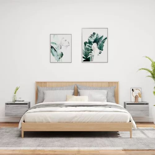  2 db szürke sonoma színű fali éjjeliszekrény LED-világítással