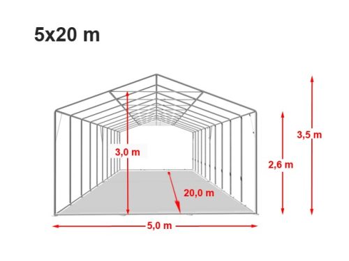 TP 5x20m 2,6m oldalmagas extra erősített rendezvénysátor, PVC 1400 - tűzálló - fehér