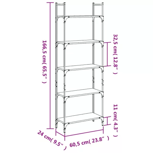  5 szintes fekete szerelt fa könyvespolc 60,5x24x166,5 cm
