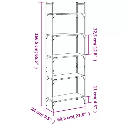  5 szintes füstös tölgy szerelt fa könyvespolc 60,5x24x166,5 cm